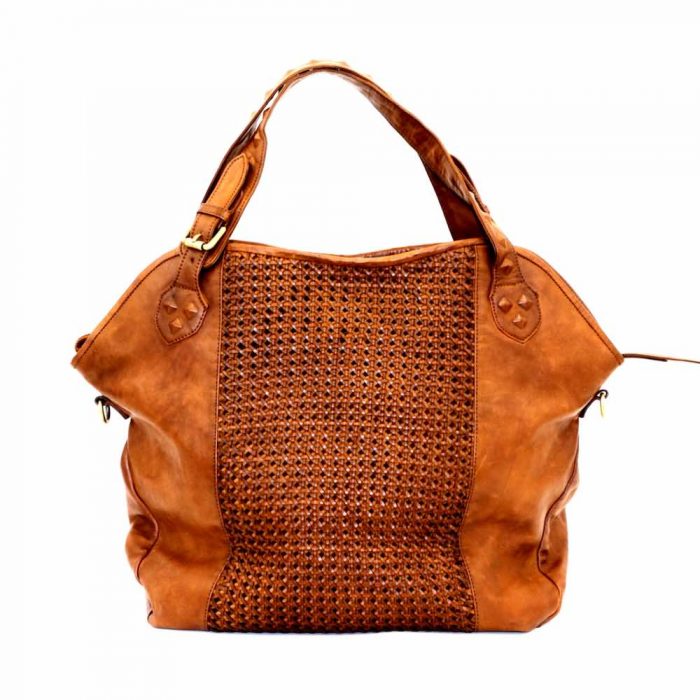 tamara shoulder bag with studded handle and cross weave panels