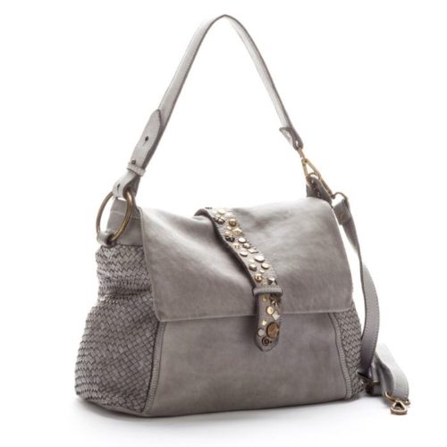 Priscilla Shoulder Bag Narrow Weave And Studded Detail Light Grey