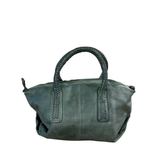 BABY MADRID Smooth Leather Handbag With Woven Handles Dark Green