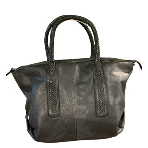 MADRID Smooth Leather Handbag With Woven Handles Black