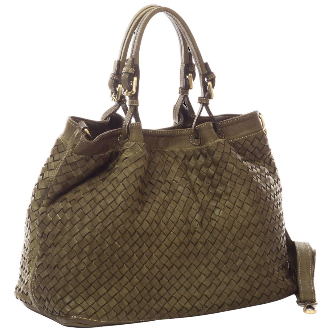 LUCIA Woven Leather Tote Bag | Army Green