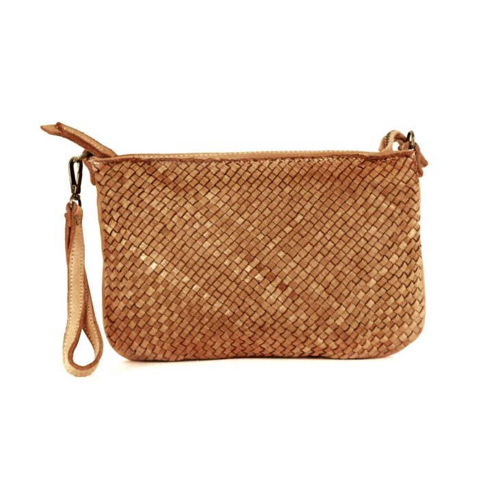 CLAUDIA Woven Wristlet Bag with Long Detachable Strap | Tan