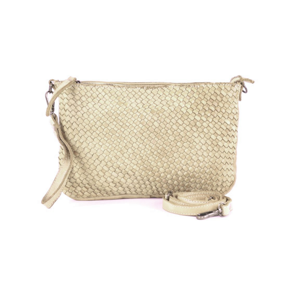 CLAUDIA Woven Wristlet Bag with Long Detachable Strap | Beige