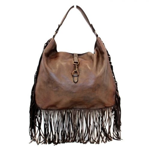 AMBRA Shoulder Bag With Fringes Dark Brown