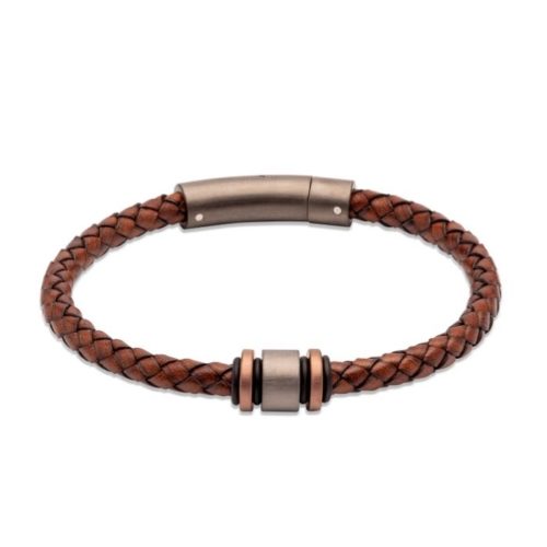 Unique & Co Men’s Leather Bracelet With Silver & Steel Element Antique Brown
