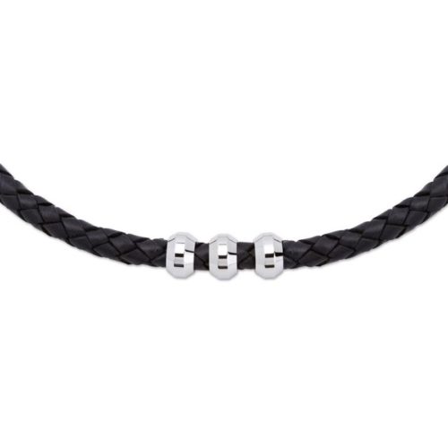 Unique & Co Men’s Leather Necklace Rounded Steel Elements – Black