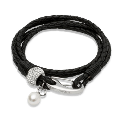 Unique & Co Women’s Leather Bracelet With Crystal Element & Pearl Black