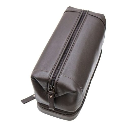 Leather Zipped Bottom Toiletry Bag Brown