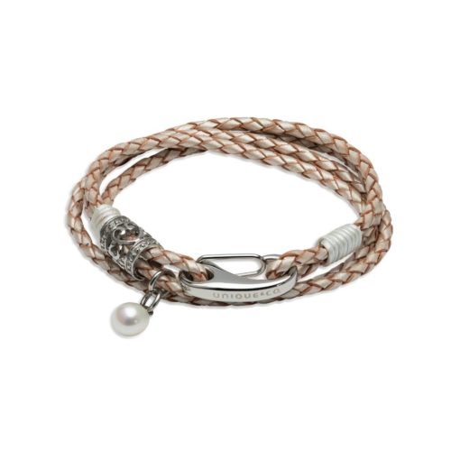 Unique & Co Women’s Leather Bracelet With Silver Detail & Pearl – Pearl