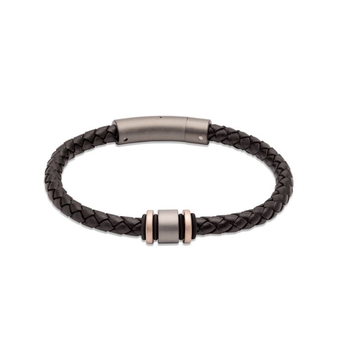 Unique & co Men’s Leather Bracelet with Pink Gold & Steel Element Black