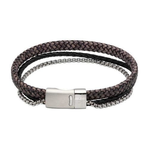 Unique & Co Men’s Double Leather Bracelet With Chain – Antique Black