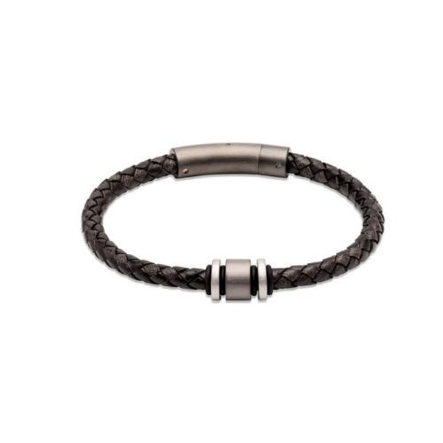 Unique & Co Men’s Leather Bracelet With Silver & Steel Element Antique Black