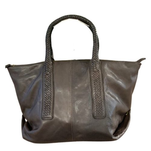 MADRID Smooth Leather Handbag With Woven Handles Dark Brown