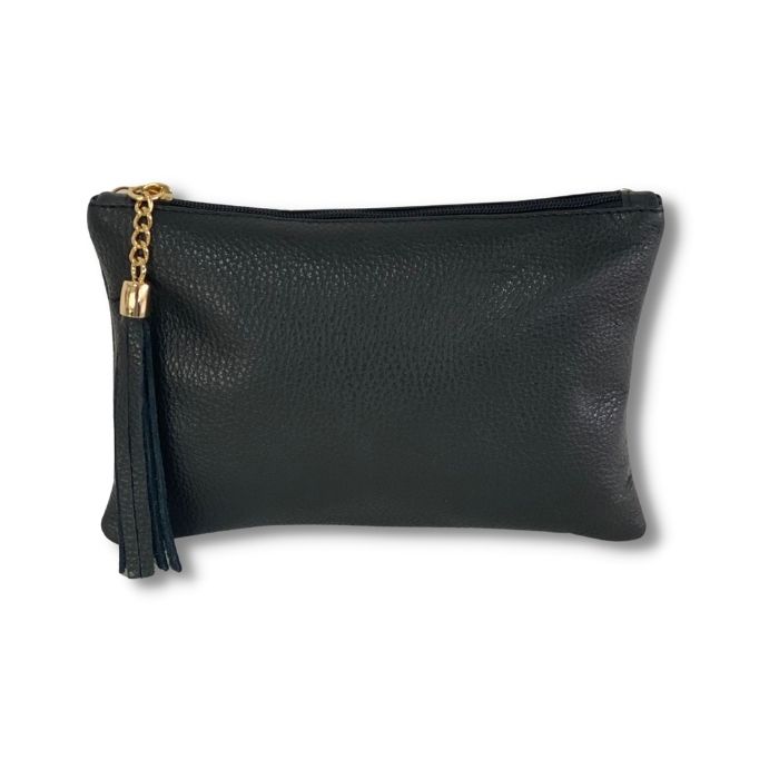 Leather Clutch Bag with detachable long chain strap | Black