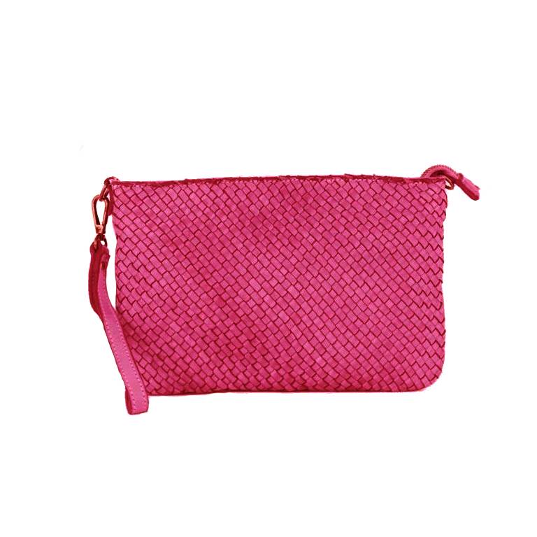 CLAUDIA Woven Wristlet Bag with Long Detachable Strap | Fuchsia