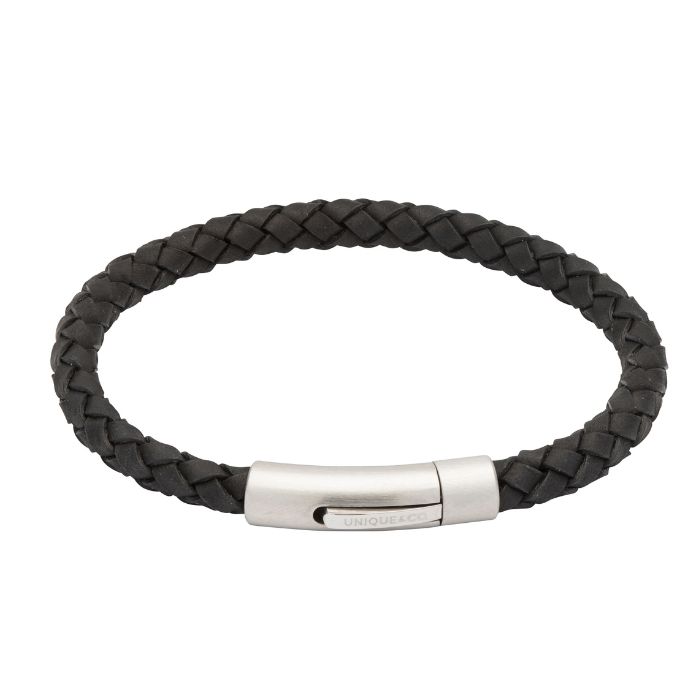 Unique & Co Men’s Leather Bracelet with Steel Pusher Clasp | Black