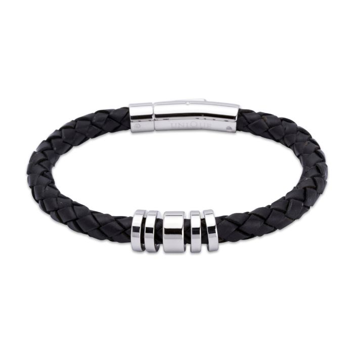 Unique & Co Men’s Leather Bracelet Steel Elements Black