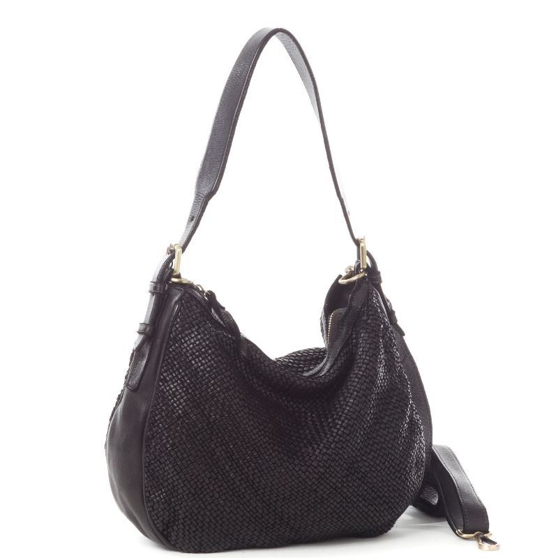 GINGER Woven Leather Hobo Shoulder Bag | Black