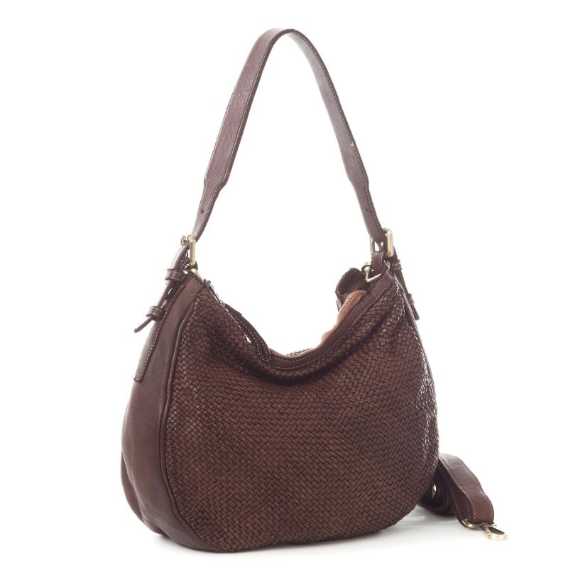 GINGER Woven Leather Shoulder Bag | Dark Brown