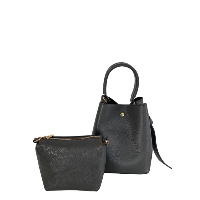 Smooth Leather Two in One Bucket Bag | Grey