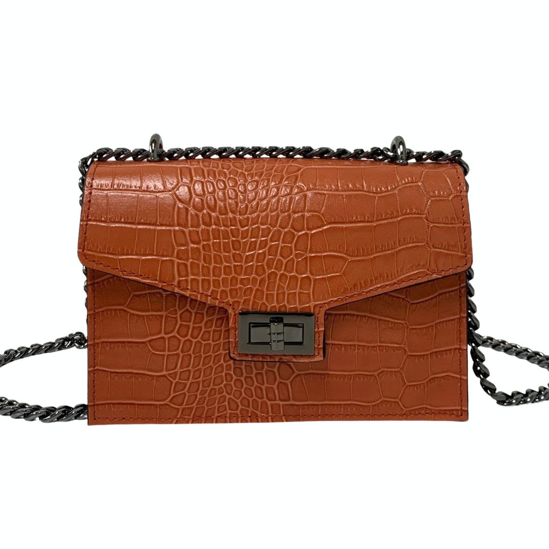 PARIS Croc Leather Hand Bag with Gunmetal Hardware | Orange