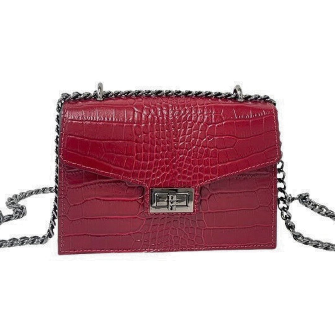 PARIS Croc Leather Hand Bag with Gunmetal Hardware | Dark Red