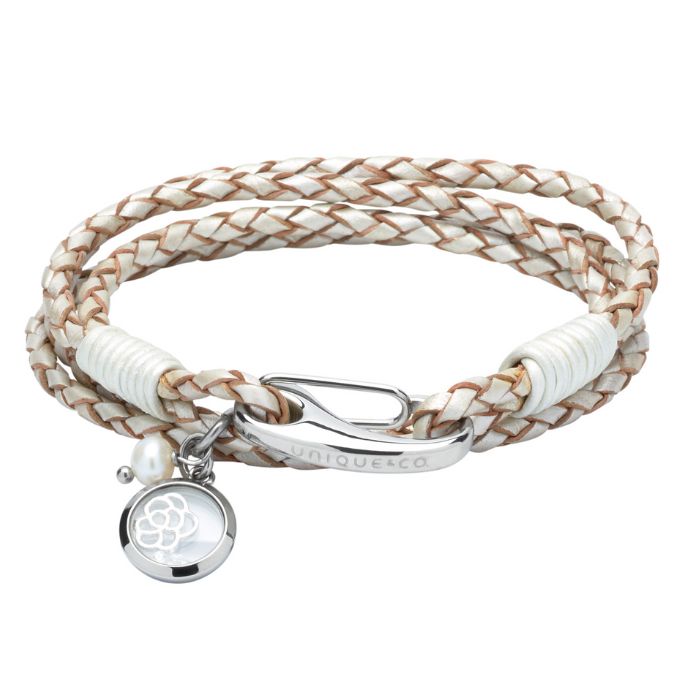 Unique & Co Women’s Leather Bracelet with Rose Charm | Silver / Pearl