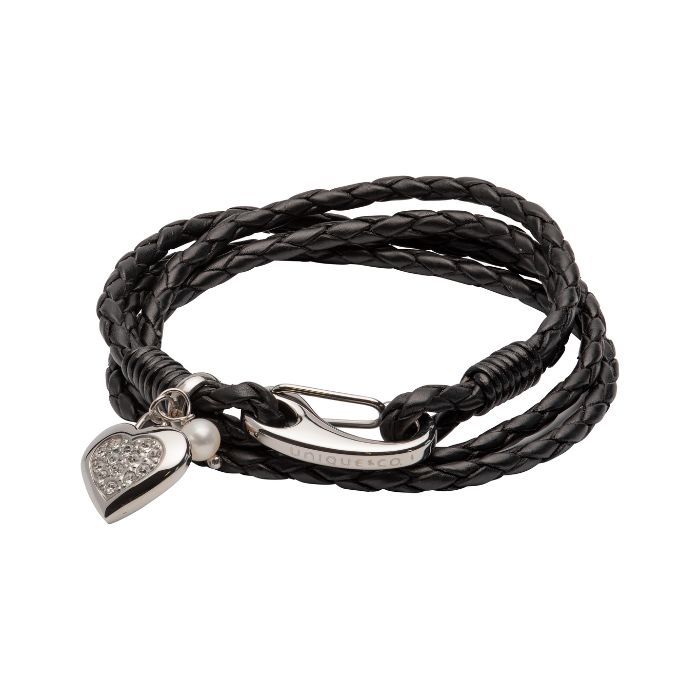Unique & Co Women’s Double Leather Bracelet with Heart Charm | Silver / Black