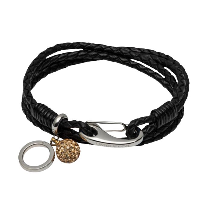 Unique & Co Women’s Leather Bracelet with Crystal Ball Charm | Black / Silver