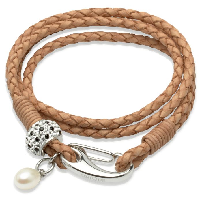 Unique & Co Women’s Double Leather Bracelet with Crystal Charm & Pearl – Natural
