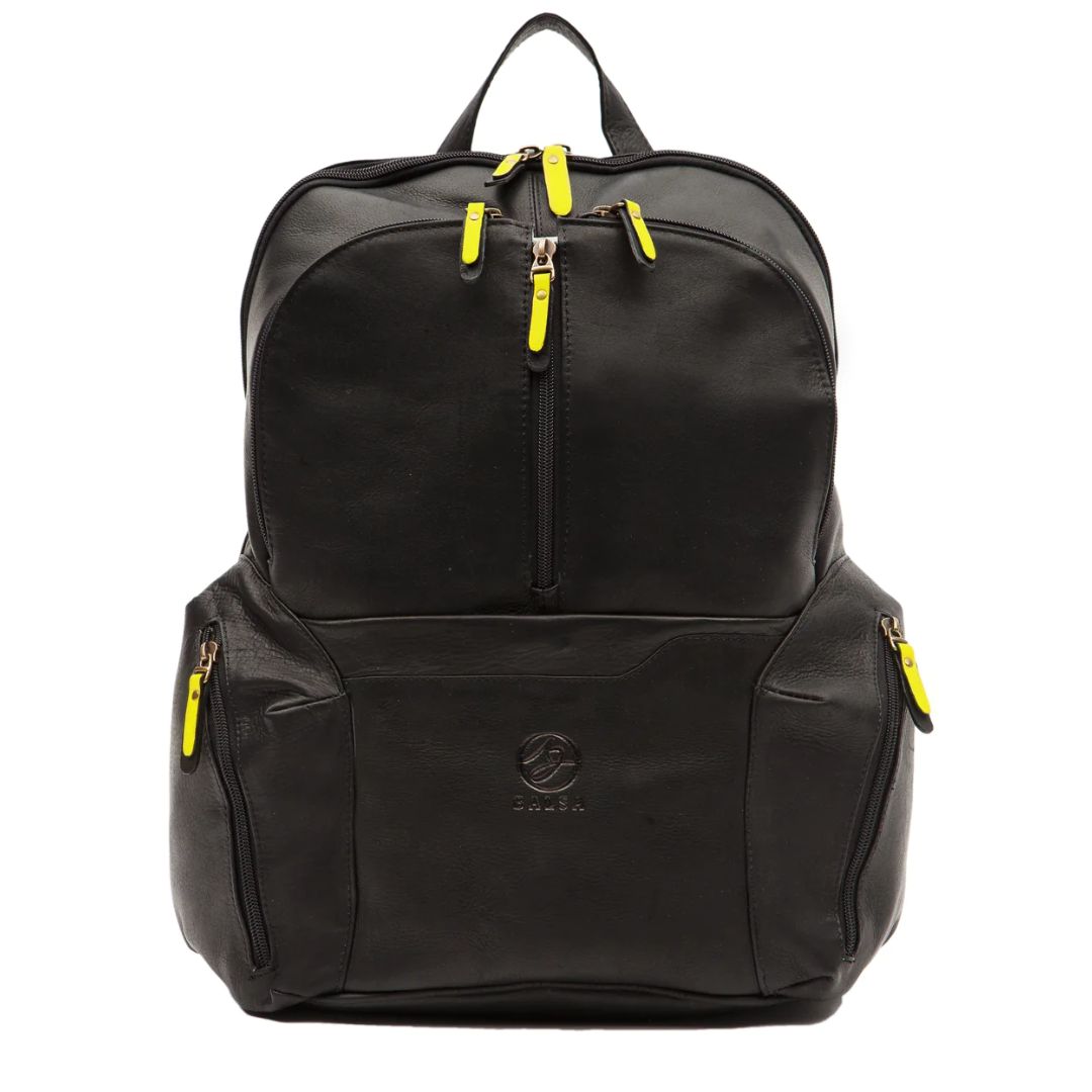 Leather Backpack with Zip Details | Black with Yellow Details
