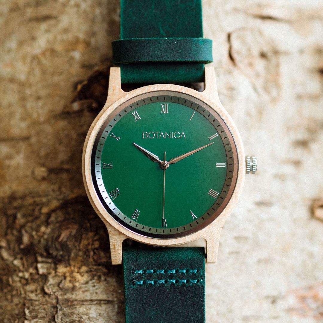FERN Men’s Wood & Leather Watch with Green Strap