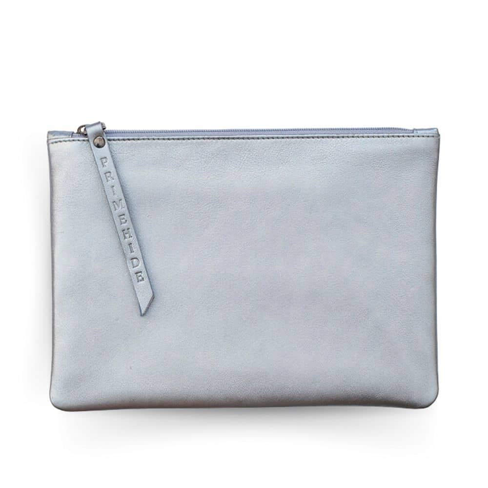 Medium Leather Pouch with Zip | Silver