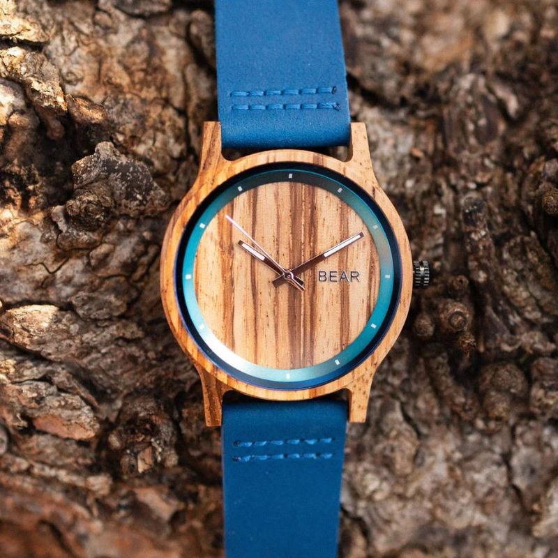 POLAR BEAR Men’s Wood & Leather Watch with Blue Strap