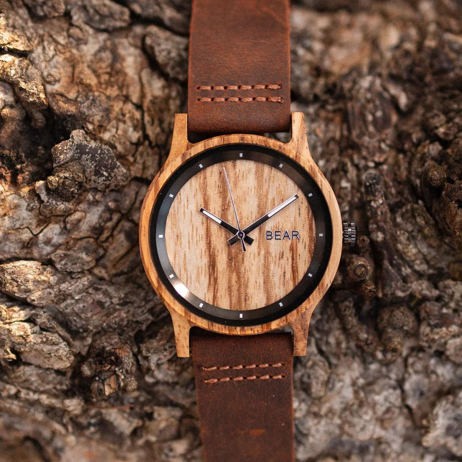 GRIZZLY BEAR Men’s Wood & Leather Watch with Brown Strap