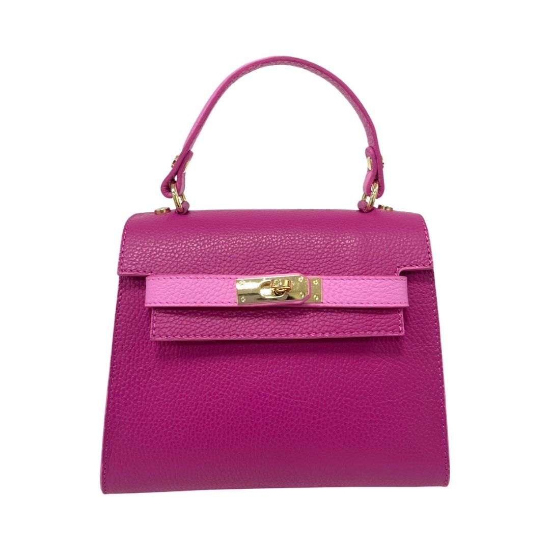 Pebble Leather Top handle Hand Bag with Twist Clasp | Fuchsia