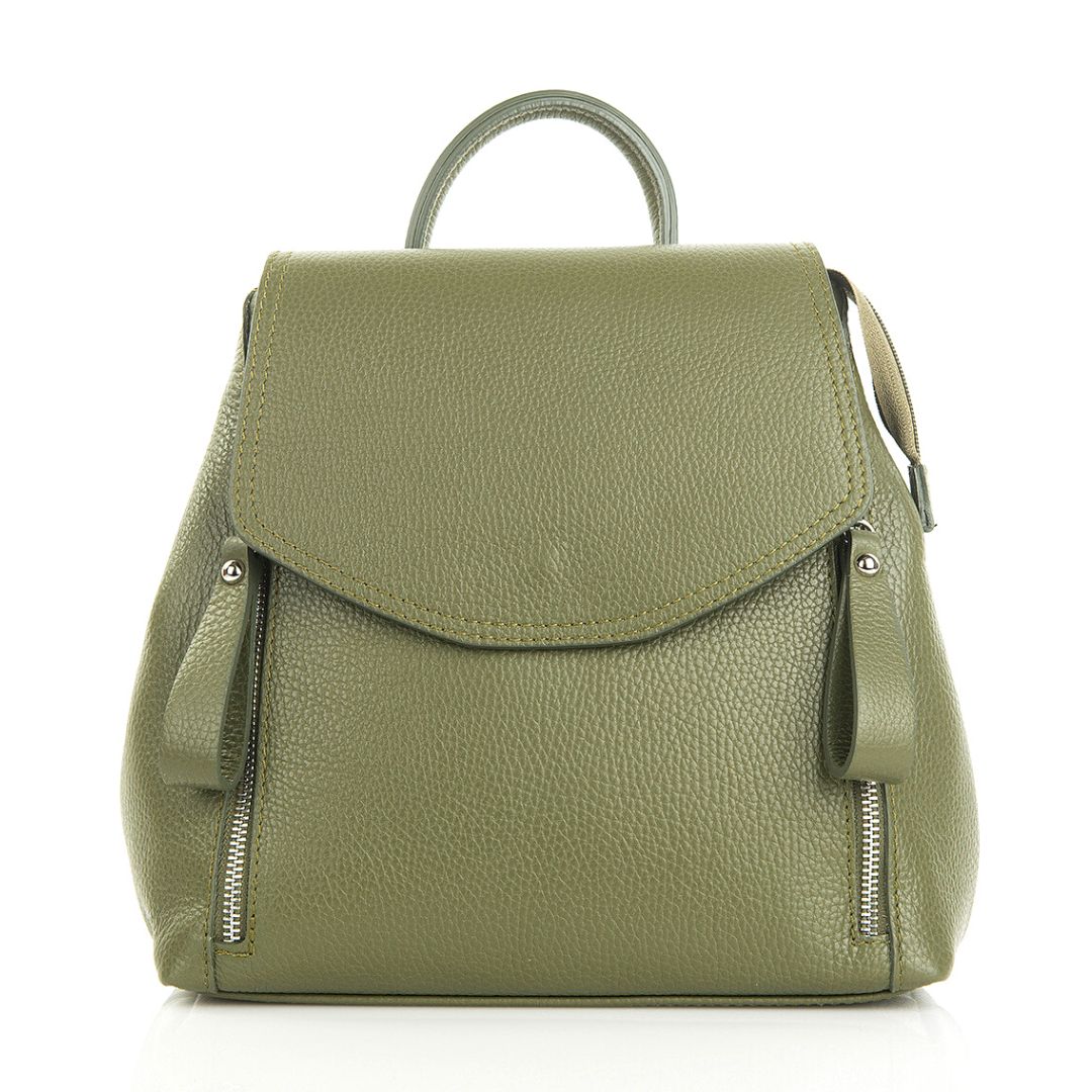 VENEZIA Pebble Leather Backpack with Zip Detail | Army Green
