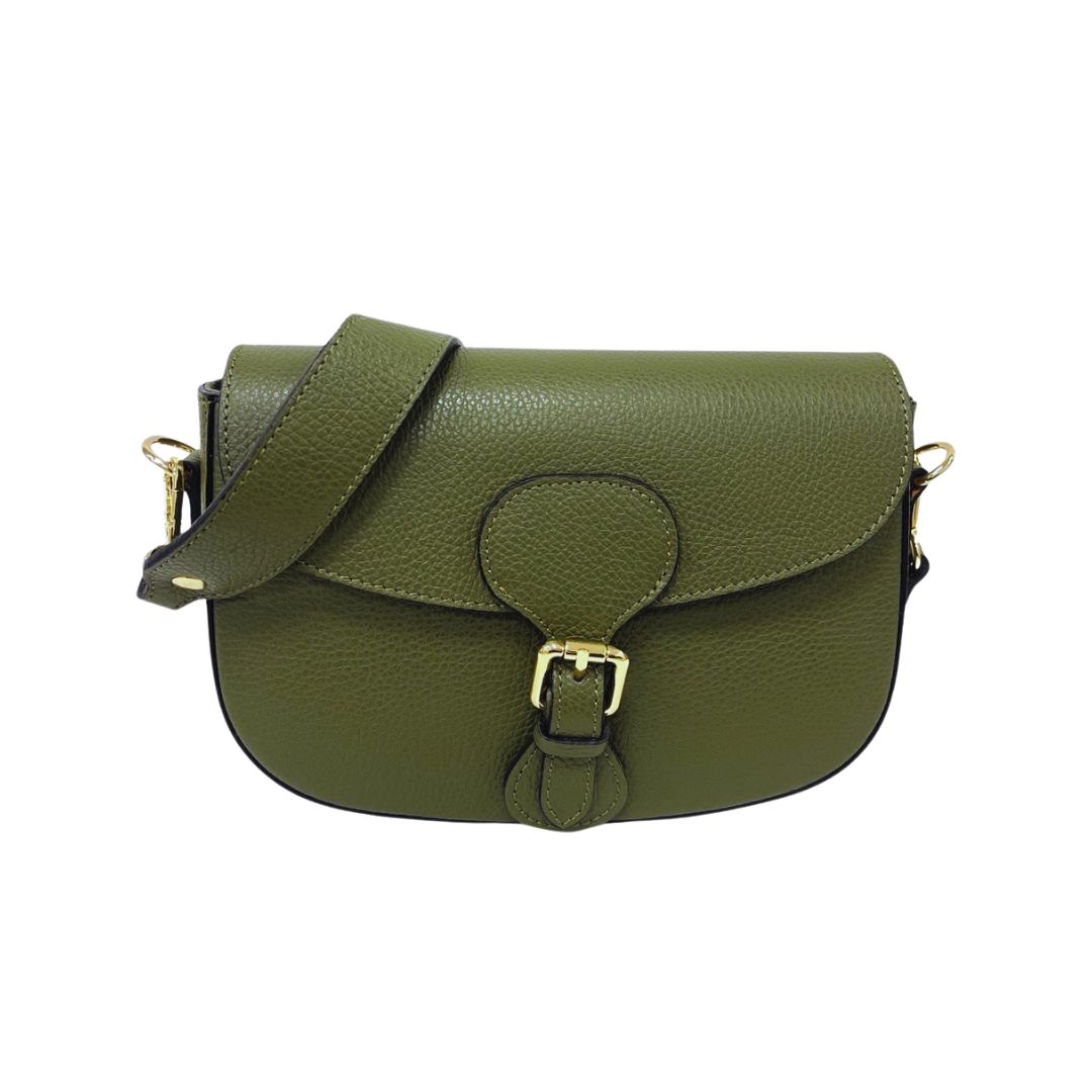 RAVENNA Pebble Leather Shoulder Bag with Buckle Closure | Army Green