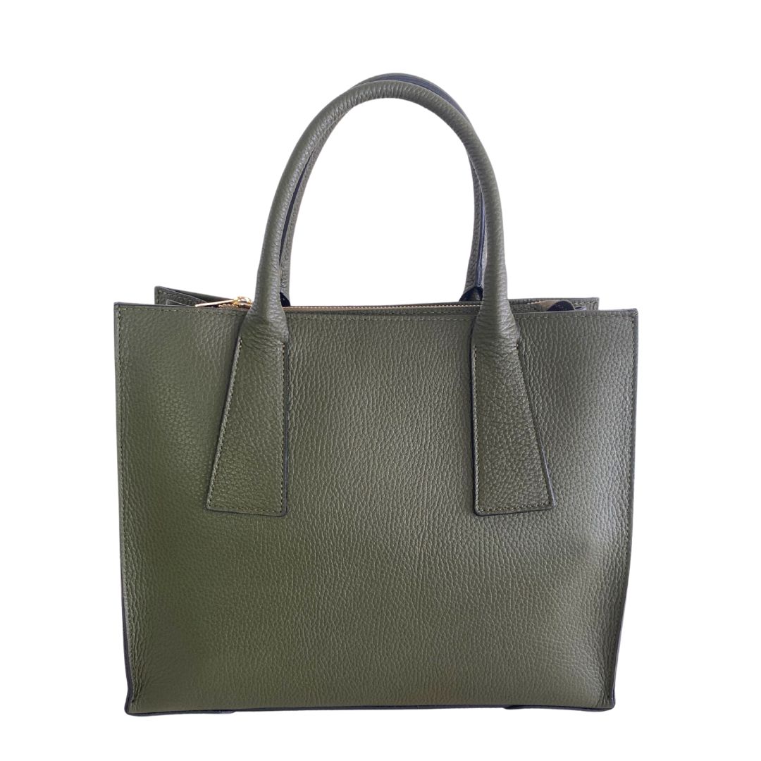 BARCELONA Square Leather Hand Bag with Top Handles | Army Green