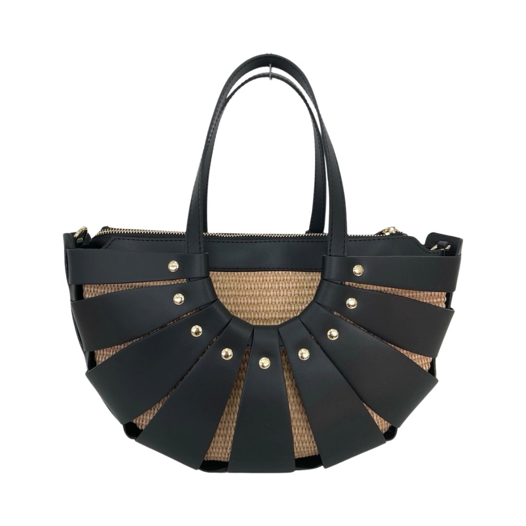 SEYCHELLES Genuine Leather and Straw Shoulder Bag with Stud Details | BLACK/NATURAL