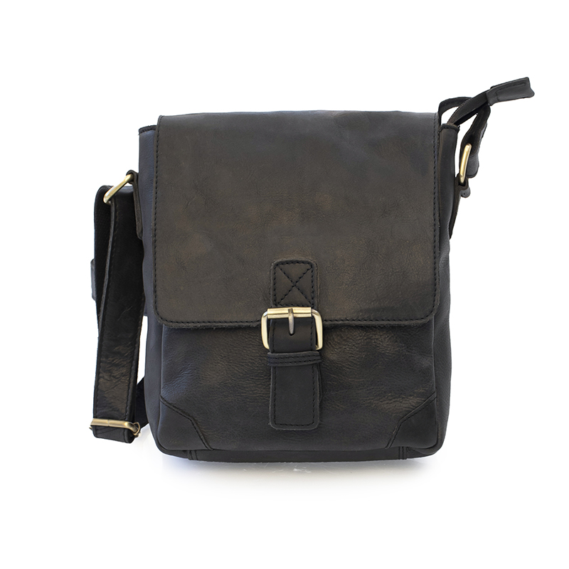 Columbia Leather Unisex Buckle Messenger Bag | Black