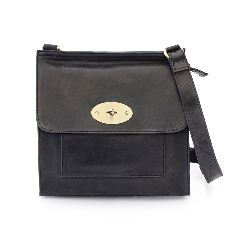 Columbia Leather Crossbody Bag with Twist Clasp | Black