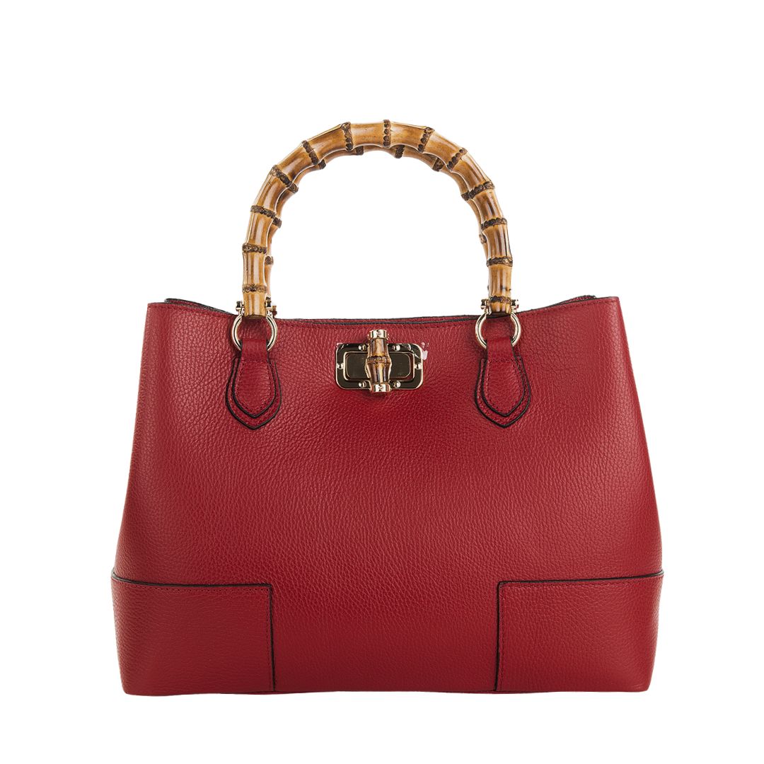 RIMINI Large Leather Handbag with Bamboo Handles | Dark Red