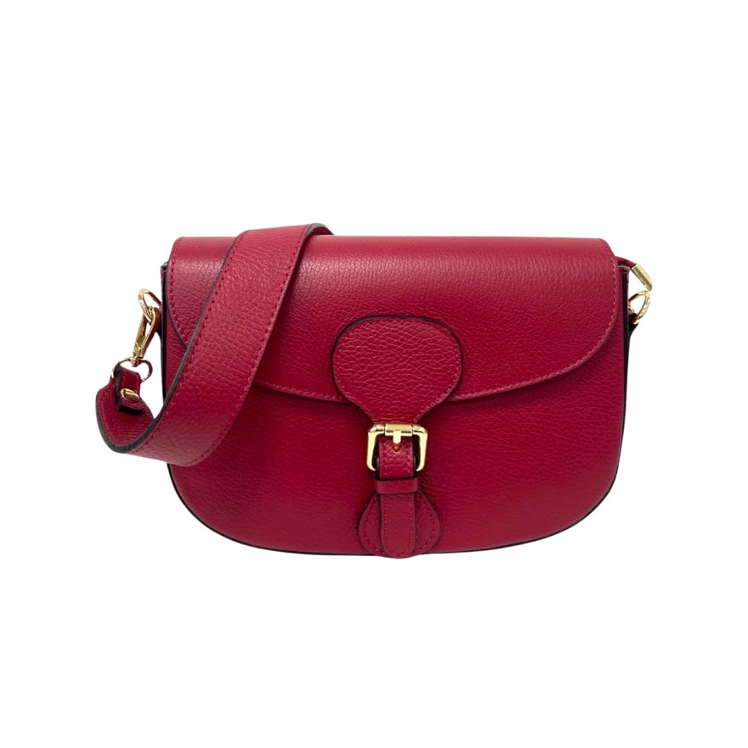 RAVENNA Pebble Leather Shoulder Bag with Buckle Closure | Dark Red