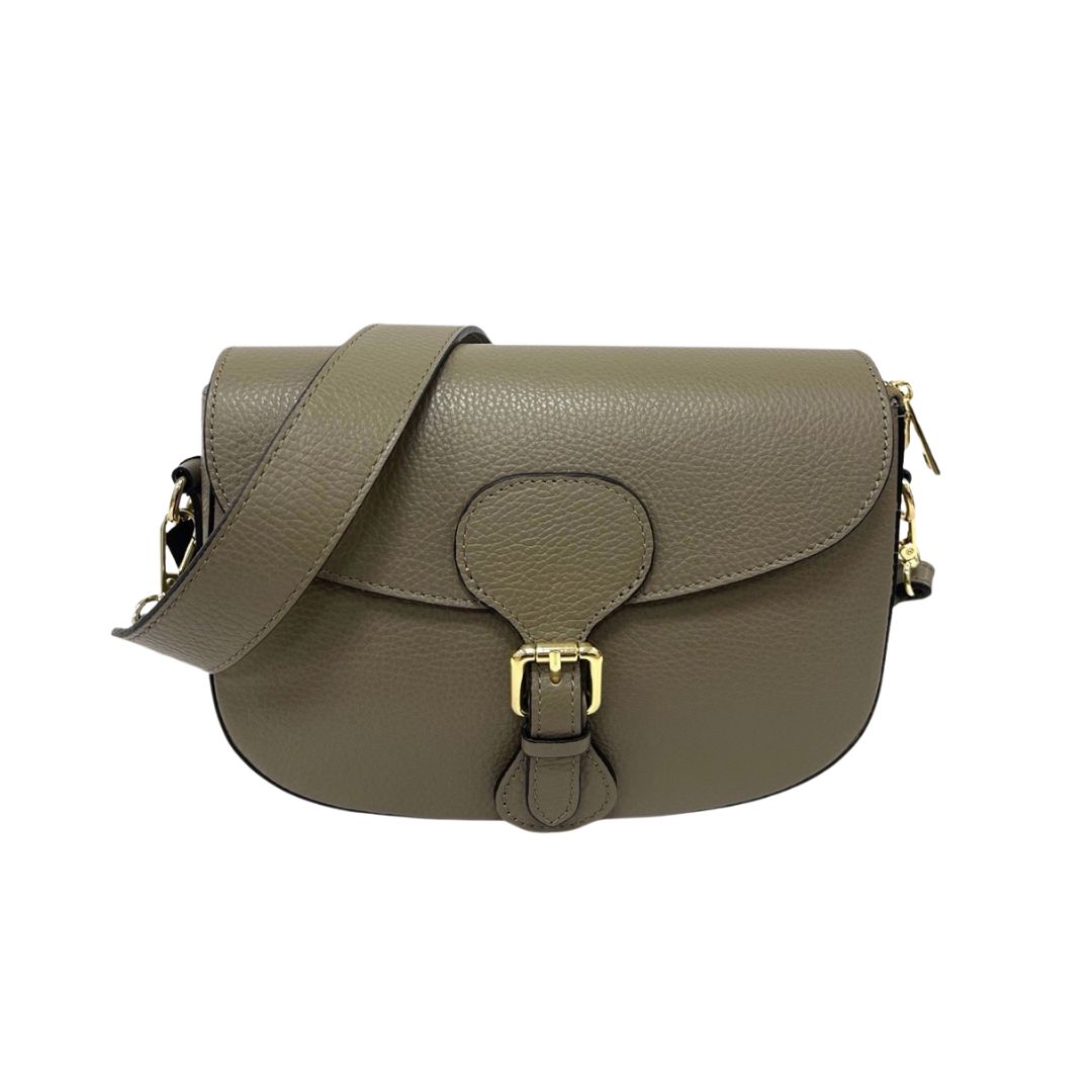 RAVENNA Pebble Leather Shoulder Bag with Buckle Closure | Dark Taupe