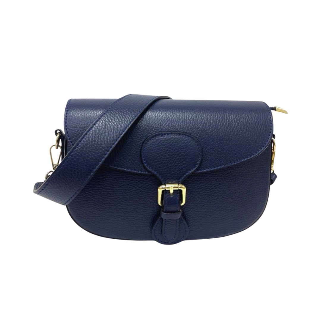RAVENNA Pebble Leather Shoulder Bag with Buckle Closure | Navy