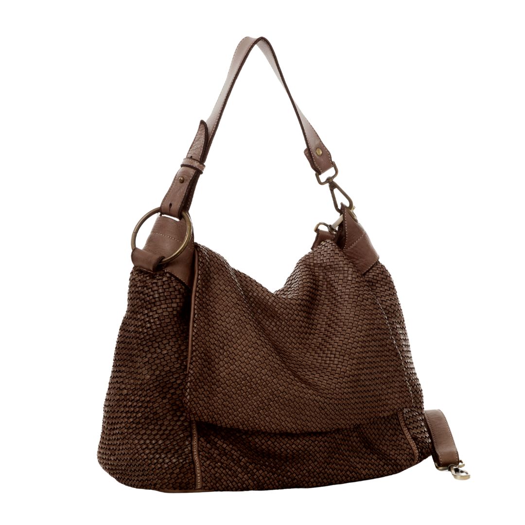 PRISCILLA Woven Leather Shoulder Bag | Dark Brown