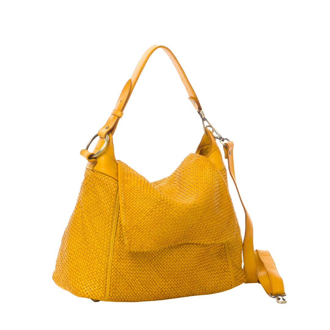 PRISCILLA Woven Leather Shoulder Bag | Mustard