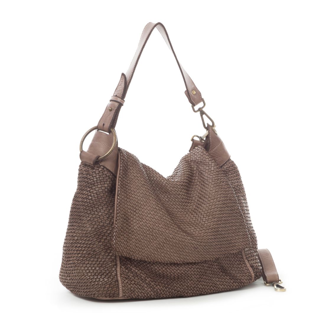 PRISCILLA Woven Leather Shoulder Bag | Taupe