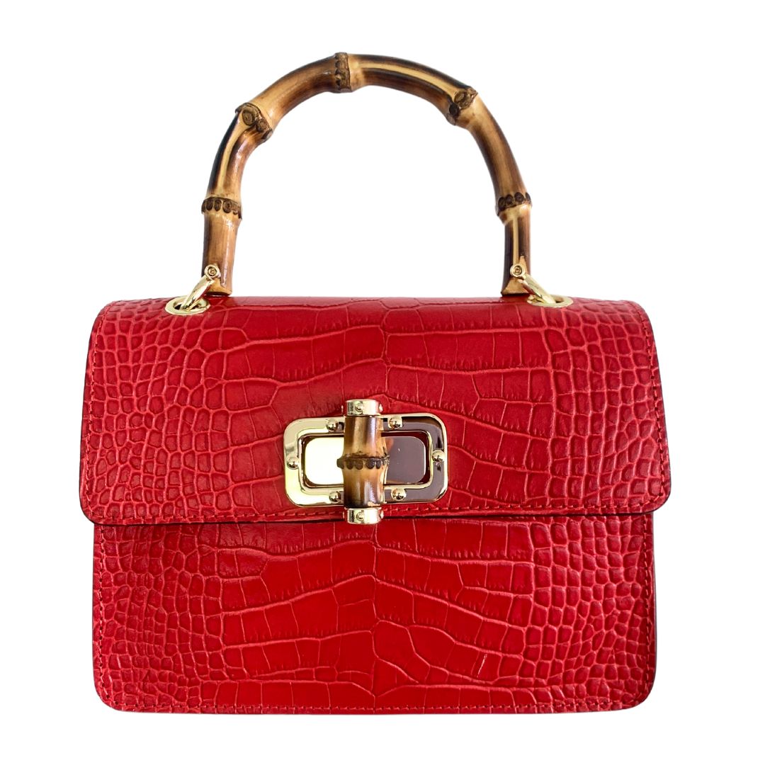 Croc Leather Hand Bag with Bamboo Handle and Clasp | Red